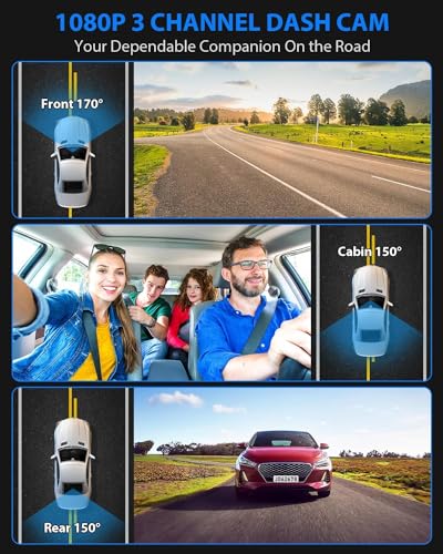 Cámara de tablero frontal y trasera, cámara de tablero 1080P para automóviles, cámara de automóvil de 3 canales frontal trasera e interior con tarjeta de 32 GB, grabación en bucle, visión nocturna