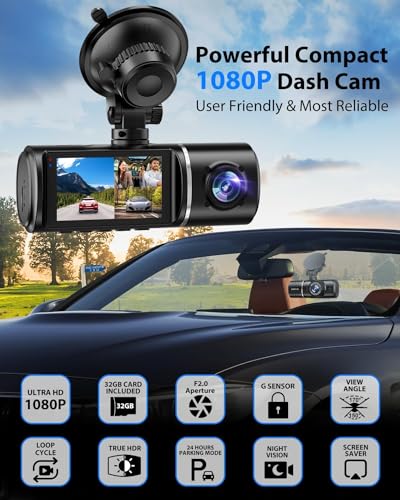 Cámara de tablero frontal y trasera, cámara de tablero 1080P para automóviles, cámara de automóvil de 3 canales frontal trasera e interior con tarjeta de 32 GB, grabación en bucle, visión nocturna
