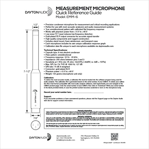 Dayton Audio EMM 6 Precision Omnidirectional Electret Condenser Microphone for Room Acoustic Analyzers and Audio Measurement Systems  Calibration Data File with Response Graph Included