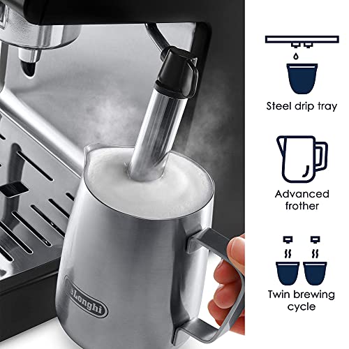 DeLonghi 15 Bar Pump Espresso Machine with Milk Frother & Temperature Control   Compact Home Barista Coffee Maker for Espresso  Latte  Cappuccino & Iced Coffee  Easy to Clean Design
