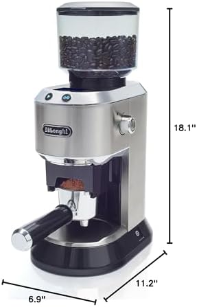 DeLonghi Dedica Conical Burr Grinder with Portafilter Attachment  6 9 x 11 2 x 18 1 inches  Silver