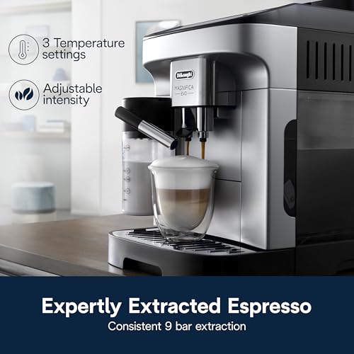 DeLonghi Magnifica Evo Automatic Espresso & Coffee Machine with Auto Milk Frother  Built in Grinder & Auto Clean Function   For Latte  Cappuccino  Americano  Iced Coffee  ECAM29084SB   Silver