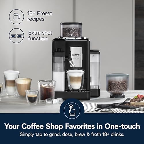 DeLonghi Rivelia Automatic Espresso Machine with Grinder & Milk Frother   All in One Coffee Maker  Hot & Iced Latte  Cappuccino  Bean Switch System  Burr Grinder  Compact Italian Design  Black