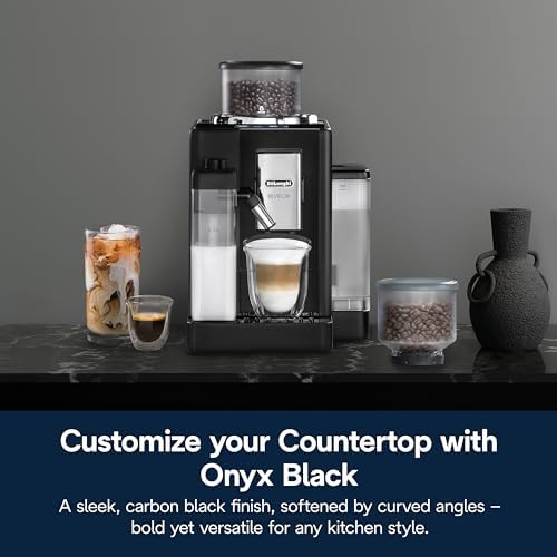 DeLonghi Rivelia Automatic Espresso Machine with Grinder & Milk Frother   All in One Coffee Maker  Hot & Iced Latte  Cappuccino  Bean Switch System  Burr Grinder  Compact Italian Design  Black