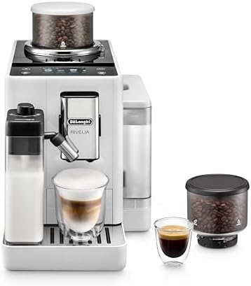 DeLonghi Rivelia Automatic Espresso Machine with Grinder & Milk Frother   All in One Coffee Maker  Hot & Iced Latte  Cappuccino  Bean Switch System  Burr Grinder  Compact Italian Design  Black