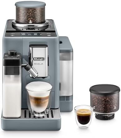 DeLonghi Rivelia Automatic Espresso Machine with Grinder & Milk Frother   All in One Coffee Maker  Hot & Iced Latte  Cappuccino  Bean Switch System  Burr Grinder  Compact Italian Design  Black
