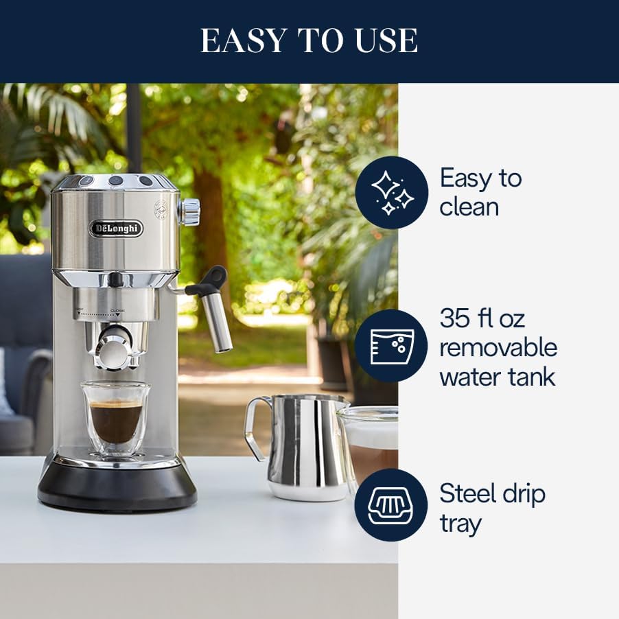 De Longhi Dedica Espresso Machine with Manual Milk Frother  15 Bar Pump & Adjustable Tray   Home Barista Coffee Maker for Espresso  Latte  Cappuccino & Iced Coffee   Italian Stainless Steel Design