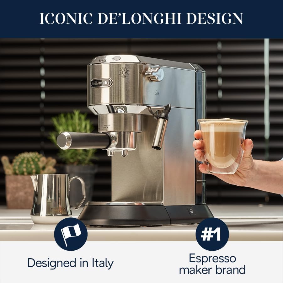 De Longhi Dedica Espresso Machine with Manual Milk Frother  15 Bar Pump & Adjustable Tray   Home Barista Coffee Maker for Espresso  Latte  Cappuccino & Iced Coffee   Italian Stainless Steel Design