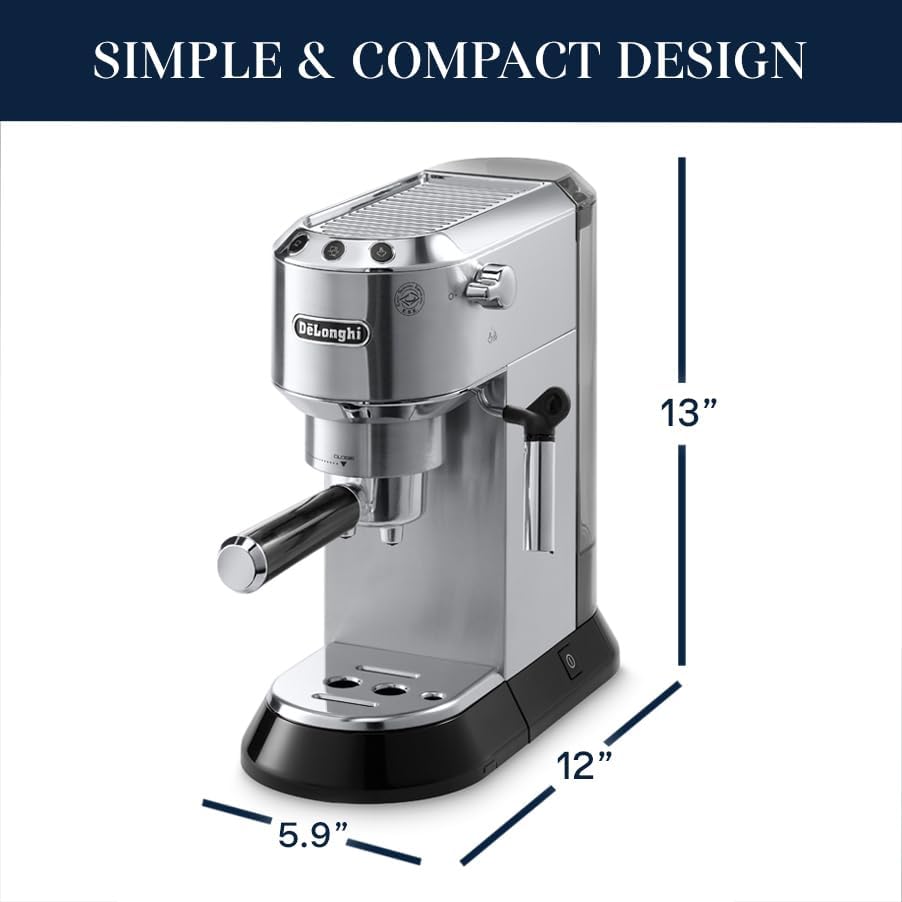 De Longhi Dedica Espresso Machine with Manual Milk Frother  15 Bar Pump & Adjustable Tray   Home Barista Coffee Maker for Espresso  Latte  Cappuccino & Iced Coffee   Italian Stainless Steel Design