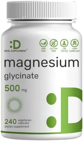Deal Supplement Magnesium Glycinate 500mg  240 Veggie Capsules   100  Chelated for Easy Absorption   Essential Mineral Supplement   Non GMO  Gluten Free