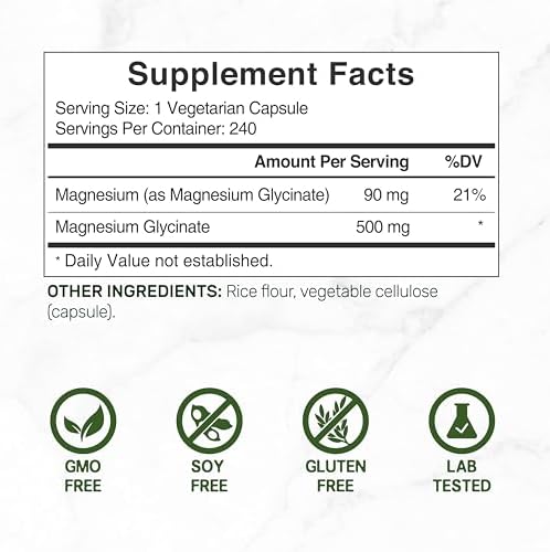 Deal Supplement Magnesium Glycinate 500mg  240 Veggie Capsules   100  Chelated for Easy Absorption   Essential Mineral Supplement   Non GMO  Gluten Free