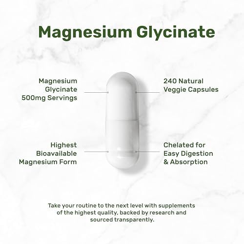 Deal Supplement Magnesium Glycinate 500mg  240 Veggie Capsules   100  Chelated for Easy Absorption   Essential Mineral Supplement   Non GMO  Gluten Free