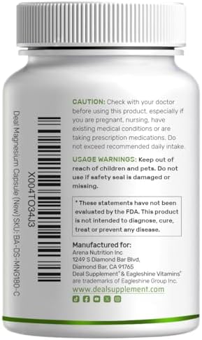Deal Supplement Magnesium Glycinate 500mg  240 Veggie Capsules   100  Chelated for Easy Absorption   Essential Mineral Supplement   Non GMO  Gluten Free
