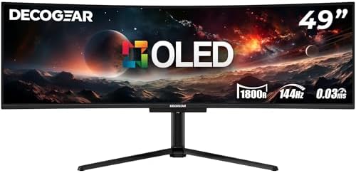 Deco Gear DGOLED49 QD OLED 49 inch QD OLED 5120 x 1440  DQHD  Computer Monitor  144Hz  Adaptive Sync  USB C 90W PD  HDMI  Display Port  VESA Mountable  Tilt  Height Adjustable  Speaker  0 03ms  Black