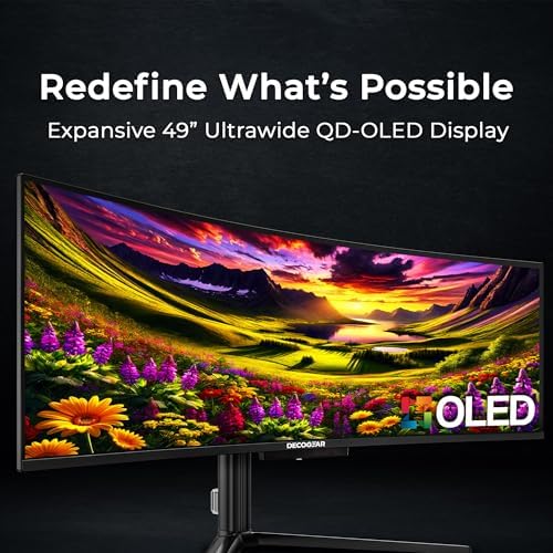 Deco Gear DGOLED49 QD OLED 49 inch QD OLED 5120 x 1440  DQHD  Computer Monitor  144Hz  Adaptive Sync  USB C 90W PD  HDMI  Display Port  VESA Mountable  Tilt  Height Adjustable  Speaker  0 03ms  Black