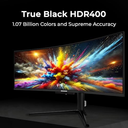 Deco Gear DGOLED49 QD OLED 49 inch QD OLED 5120 x 1440  DQHD  Computer Monitor  144Hz  Adaptive Sync  USB C 90W PD  HDMI  Display Port  VESA Mountable  Tilt  Height Adjustable  Speaker  0 03ms  Black