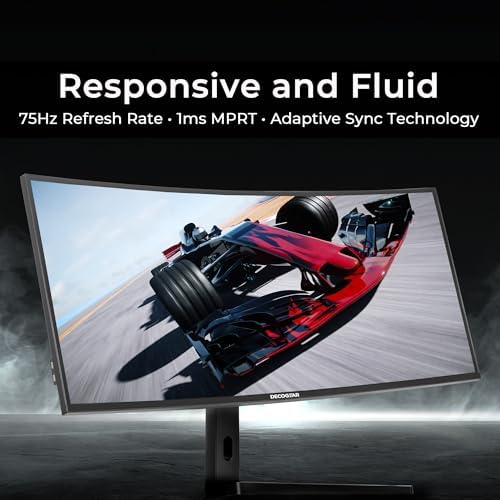 Deco Gear DGOLED49 QD OLED 49 inch QD OLED 5120 x 1440  DQHD  Computer Monitor  144Hz  Adaptive Sync  USB C 90W PD  HDMI  Display Port  VESA Mountable  Tilt  Height Adjustable  Speaker  0 03ms  Black