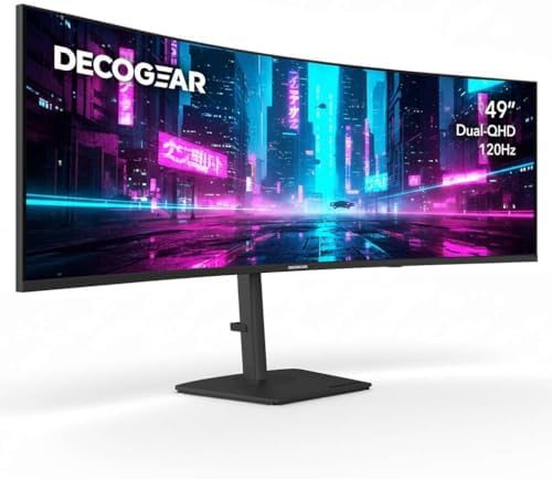Deco Gear DGOLED49 QD OLED 49 inch QD OLED 5120 x 1440  DQHD  Computer Monitor  144Hz  Adaptive Sync  USB C 90W PD  HDMI  Display Port  VESA Mountable  Tilt  Height Adjustable  Speaker  0 03ms  Black
