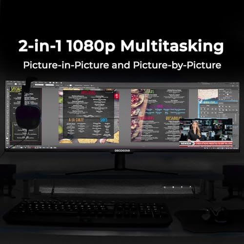 Deco Gear DGOLED49 QD OLED 49 inch QD OLED 5120 x 1440  DQHD  Computer Monitor  144Hz  Adaptive Sync  USB C 90W PD  HDMI  Display Port  VESA Mountable  Tilt  Height Adjustable  Speaker  0 03ms  Black