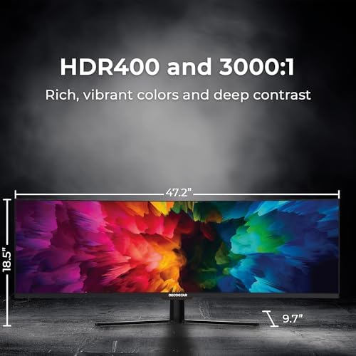 Deco Gear DGOLED49 QD OLED 49 inch QD OLED 5120 x 1440  DQHD  Computer Monitor  144Hz  Adaptive Sync  USB C 90W PD  HDMI  Display Port  VESA Mountable  Tilt  Height Adjustable  Speaker  0 03ms  Black