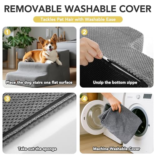 Deconovo Pet Stairs for Small & Elderly Dogs Cats 4 Step Dog Ramp Non Slip Surface  Soft Washable Cover  Portable for Couch & Bed Use  Ideal for Senior Pets  Compact Storage Friendly  19 7 H Ash Gray
