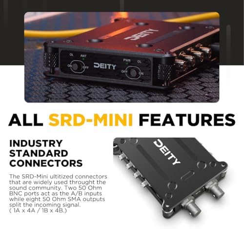 Deity SRD Mini Portable Ultra Lightweight 4 Channel Radio Frequency Distribution Device  Black  Bundle with Deity BF1 470MHz 1GHz Omnidirectional Lightweight Butterfly Antenna  Black   2 Items 
