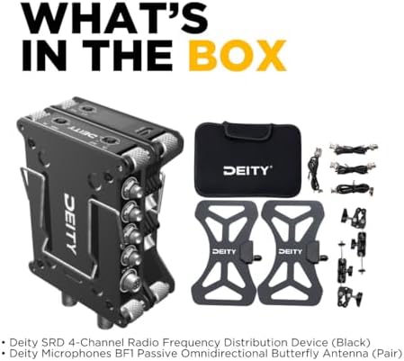 Deity SRD Mini Portable Ultra Lightweight 4 Channel Radio Frequency Distribution Device  Black  Bundle with Deity BF1 470MHz 1GHz Omnidirectional Lightweight Butterfly Antenna  Black   2 Items 