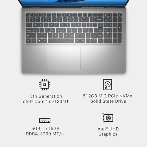 Dell 15 Laptop DC15250 15 6 inch FHD  1920x1080  120Hz Display  Intel Core i5 1334U Processor  16GB DDR4 RAM  512GB SSD  Intel UHD Graphics  Windows 11 Home  Onsite Service   Platinum Silver