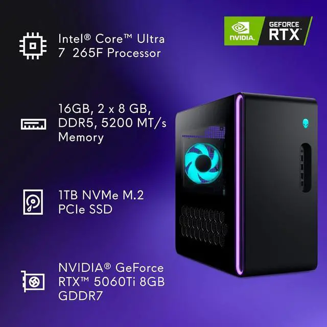 Dell Alienware   Aurora Gaming Desktop   Intel Core Ultra 7 265F 2025   32GB Memory   NVIDIA GeForce RTX 5060 Ti 8GB   1TB Storage   Black