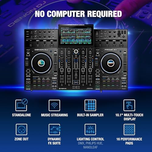 Denon DJ PRIME 4  Standalone DJ Controller with Stem Separation on 4 Decks  Wi Fi Streaming  Drop Sampler Mixer  10 1 Touchscreen  Light Control