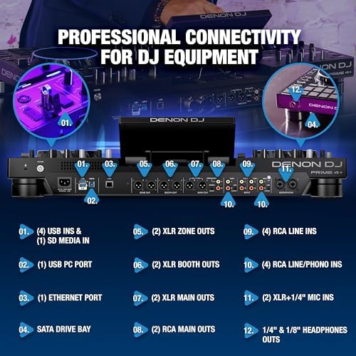 Denon DJ PRIME 4  Standalone DJ Controller with Stem Separation on 4 Decks  Wi Fi Streaming  Drop Sampler Mixer  10 1 Touchscreen  Light Control