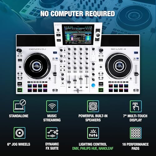Denon DJ SC LIVE 4 Standalone DJ Controller with Stem Separation on 4 Decks  Wi Fi Streaming  Build in Speakers  Serato DJ and Virtual DJ Compatible