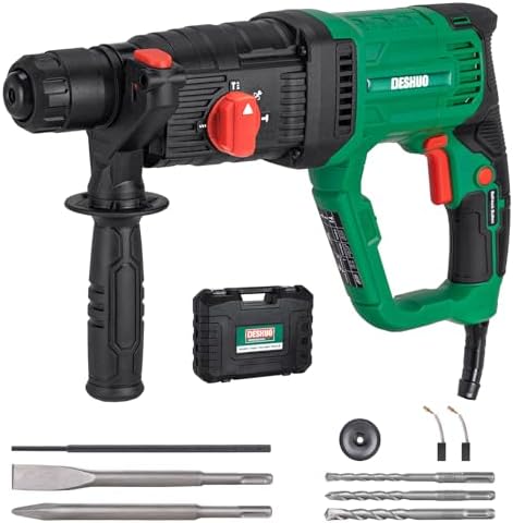Deshuo 1 SDS Plus Lightweight Rotary Hammer Drill  9 Amp 4 Functions Corded Variable Speed Rotomartillo with Safety Clutch for Concrete  Includes 3 Drill Bits 2 Chisels Carrying Case
