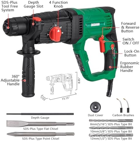 Deshuo 1 SDS Plus Lightweight Rotary Hammer Drill  9 Amp 4 Functions Corded Variable Speed Rotomartillo with Safety Clutch for Concrete  Includes 3 Drill Bits 2 Chisels Carrying Case