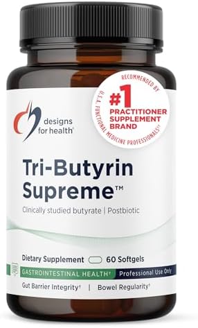 Designs for Health Tri Butyrin Supreme   3 in 1 Butyric Acid  Butyrate  Postbiotics for Gut Health & Gut Permeability Support   Tributyrin Supplement with Odor Minimizing Innovation  60 Softgels