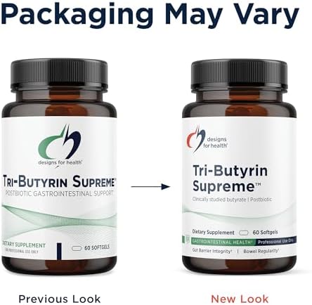 Designs for Health Tri Butyrin Supreme   3 in 1 Butyric Acid  Butyrate  Postbiotics for Gut Health & Gut Permeability Support   Tributyrin Supplement with Odor Minimizing Innovation  60 Softgels