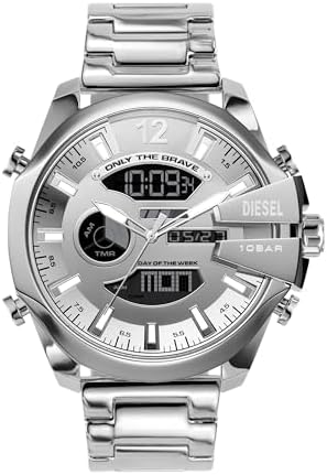 Diesel Mens Mega Chief Stainless Steel Bracelet  Silicone or Leather Band Watch with Analog or Digital Movement