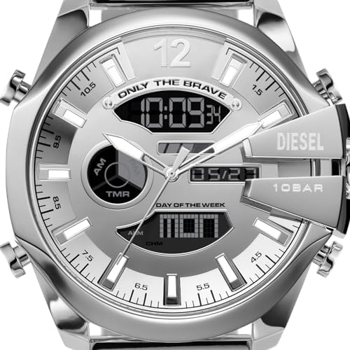 Diesel Mens Mega Chief Stainless Steel Bracelet  Silicone or Leather Band Watch with Analog or Digital Movement