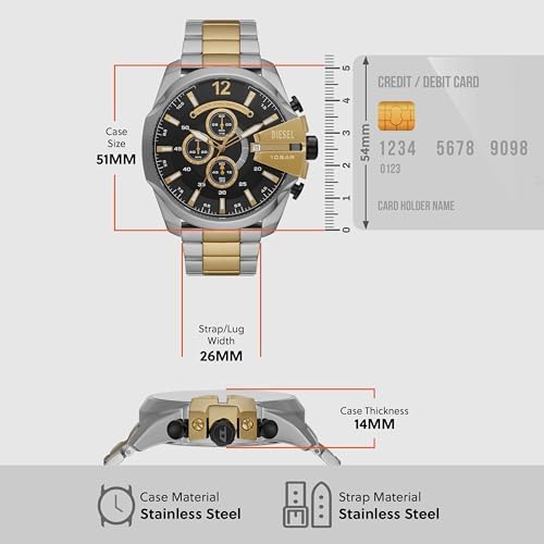 Diesel Mens Mega Chief Stainless Steel Bracelet  Silicone or Leather Band Watch with Analog or Digital Movement