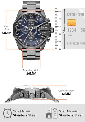 Diesel Mens Mega Chief Stainless Steel Bracelet  Silicone or Leather Band Watch with Analog or Digital Movement