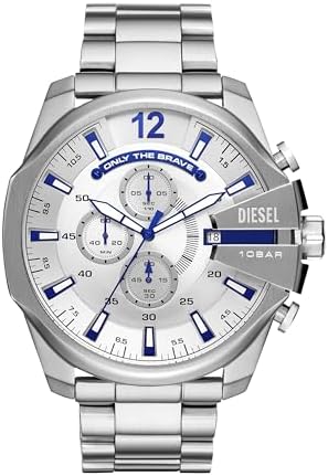 Diesel Mens Mega Chief Stainless Steel Bracelet  Silicone or Leather Band Watch with Analog or Digital Movement