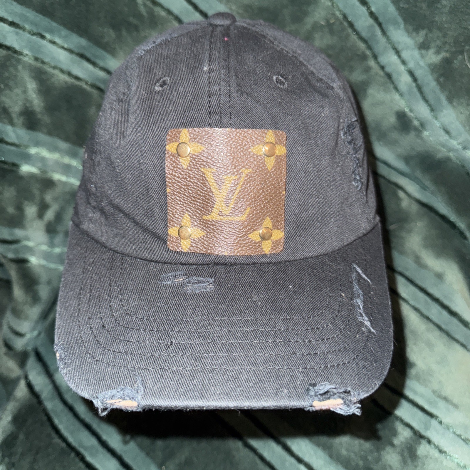 Distressed Louis Vuitton Logo Upcycled Trucker Hat