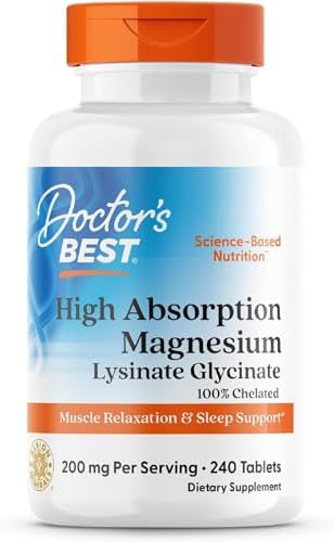 Doctor s Best High Absorption Magnesium Glycinate Lysinate Supplement   100  Chelated for Maximum Absorption   Magnesium for Sleep and Muscle Relaxation   200 Mg Per Serving   240 Tablets