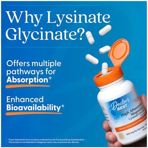 Doctor s Best High Absorption Magnesium Glycinate Lysinate Supplement   100  Chelated for Maximum Absorption   Magnesium for Sleep and Muscle Relaxation   200 Mg Per Serving   240 Tablets