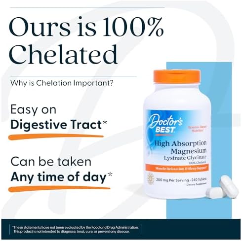 Doctor s Best High Absorption Magnesium Glycinate Lysinate Supplement   100  Chelated for Maximum Absorption   Magnesium for Sleep and Muscle Relaxation   200 Mg Per Serving   240 Tablets