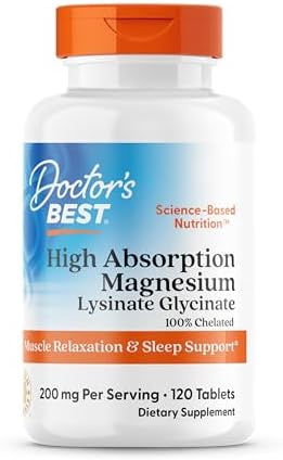 Doctor s Best High Absorption Magnesium Glycinate Lysinate Supplement   100  Chelated for Maximum Absorption   Magnesium for Sleep and Muscle Relaxation   200 Mg Per Serving   240 Tablets