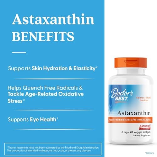 Doctors Best Astaxanthin Vegan Supplement 6 mg   Skin Elasticity & Antioxidant Support for Men & Women  Extract from Haematococcus Pluvialis Microalgae  Non GMO  Gluten Free   90 Veggie Softgels