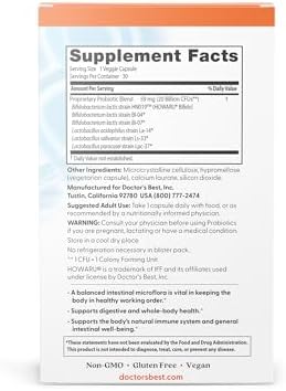 Doctors Best Digestive Probiotic Capsules for Women & Men   Probiotics Supplement for Digestive Health  Supports Gut Health & Balanced Flora  20 Billion CFU  Daily Nutrition Support   30 Veg Caps