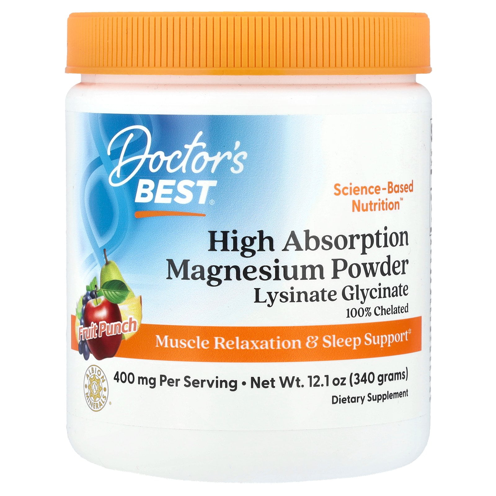 Doctors Best High Absorption Magnesium Powder Lysinate Glycinate   400 mg   Fruit Punch 12 1 oz  340 Grams  Powder