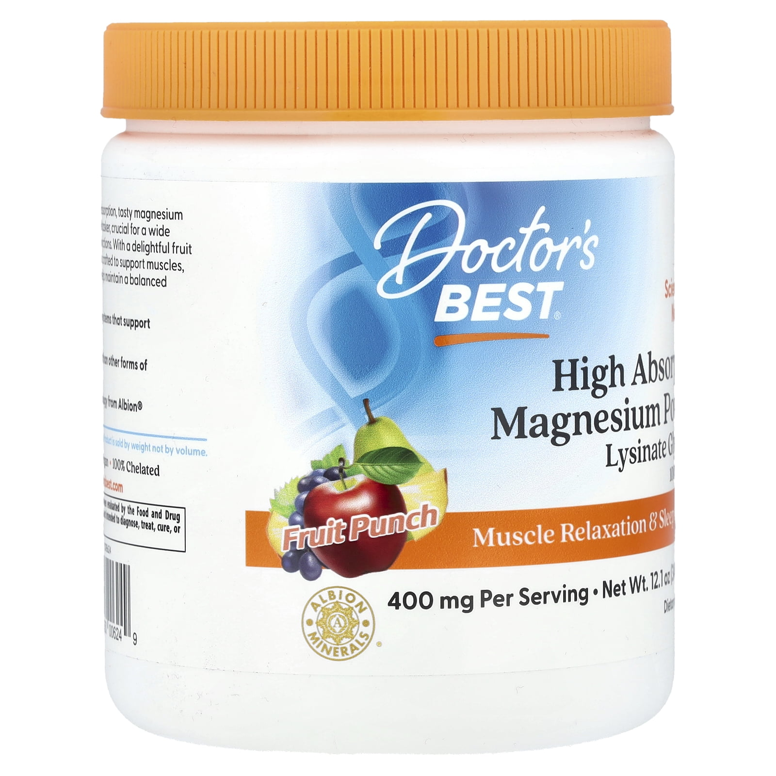 Doctors Best High Absorption Magnesium Powder Lysinate Glycinate   400 mg   Fruit Punch 12 1 oz  340 Grams  Powder